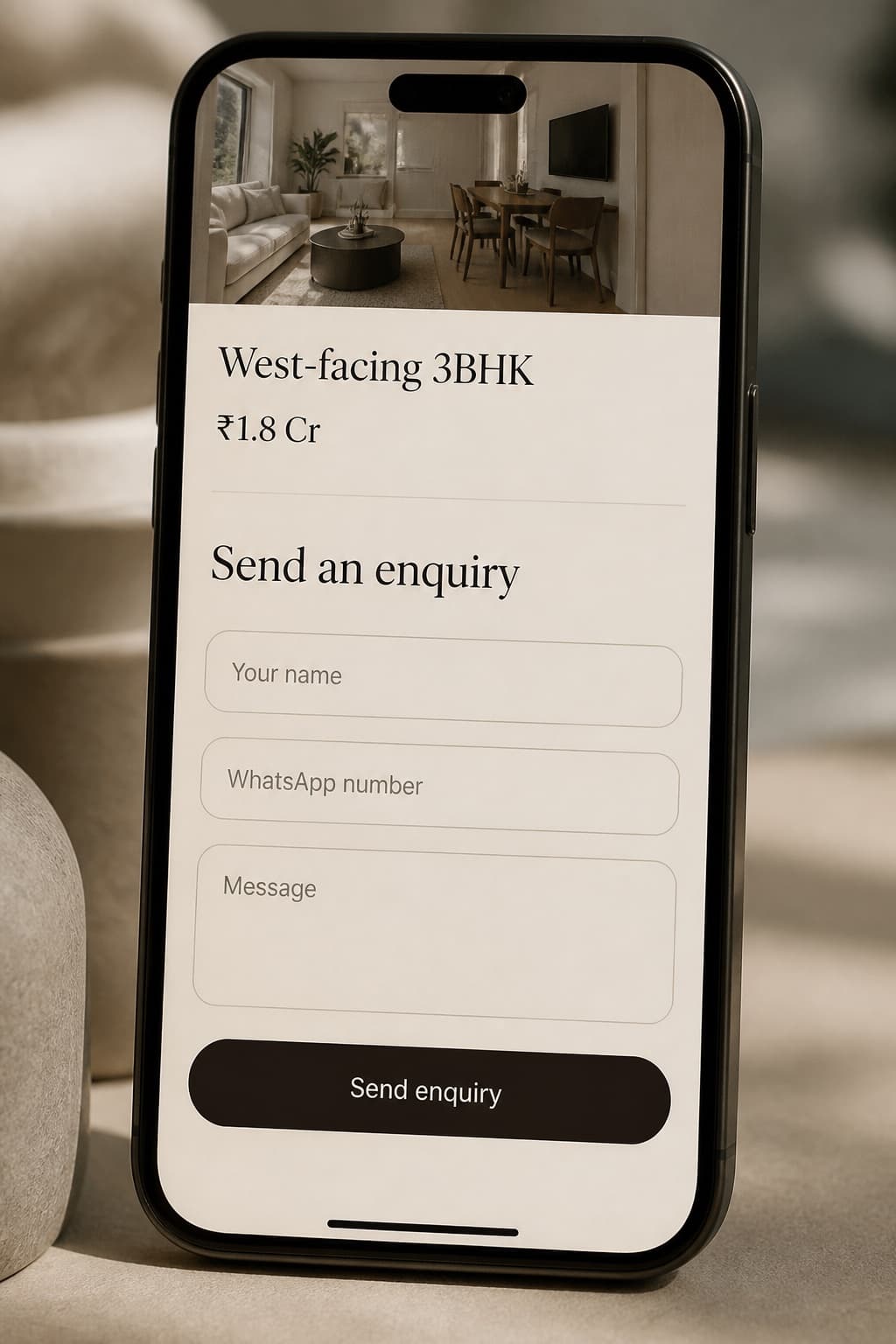 Phone showing the enquiry form on a Promote listing page