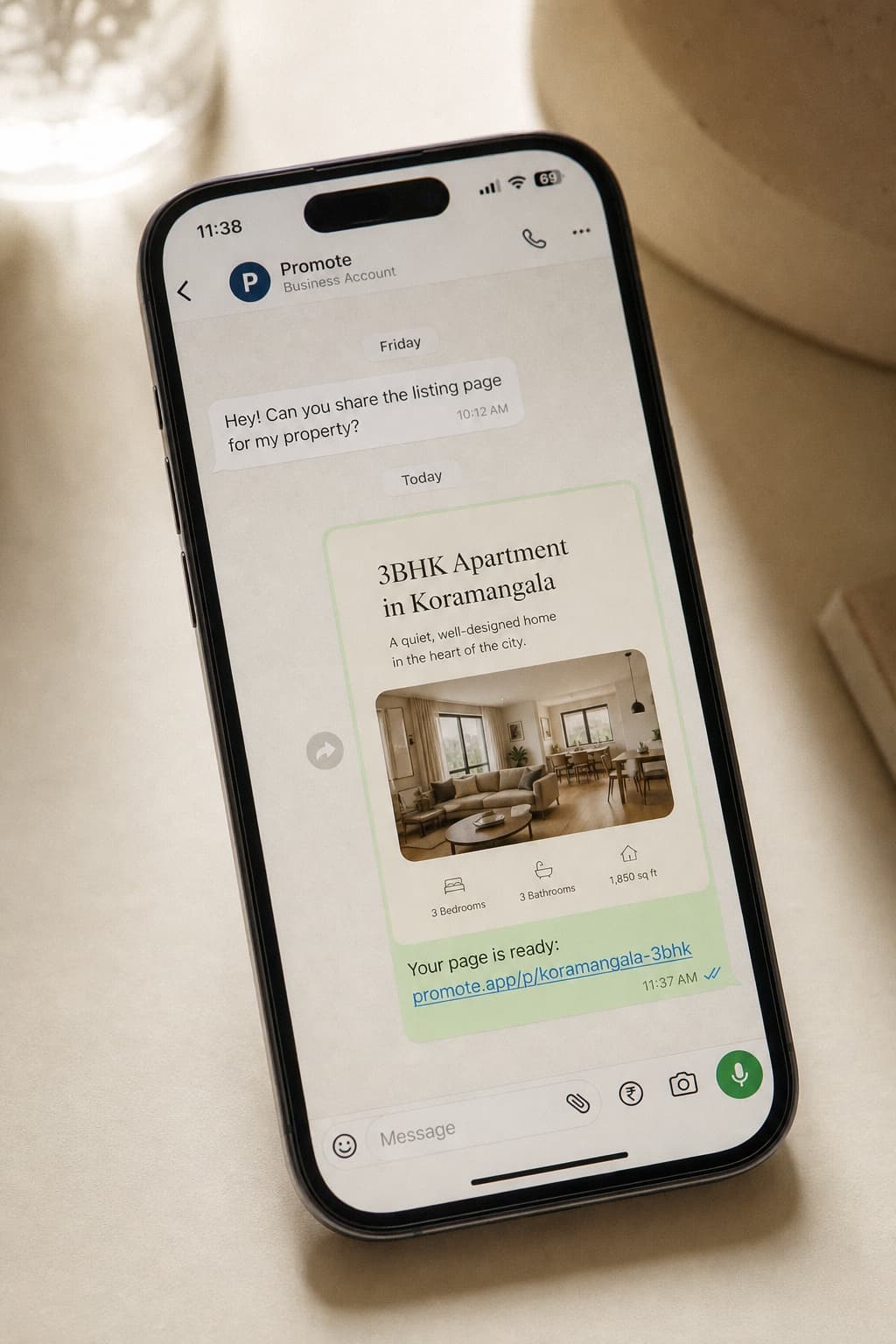 Phone showing a WhatsApp reply with a ready Promote listing link