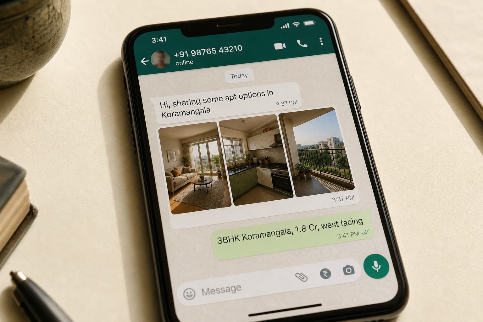 Phone showing a WhatsApp chat with apartment photos and a short listing note