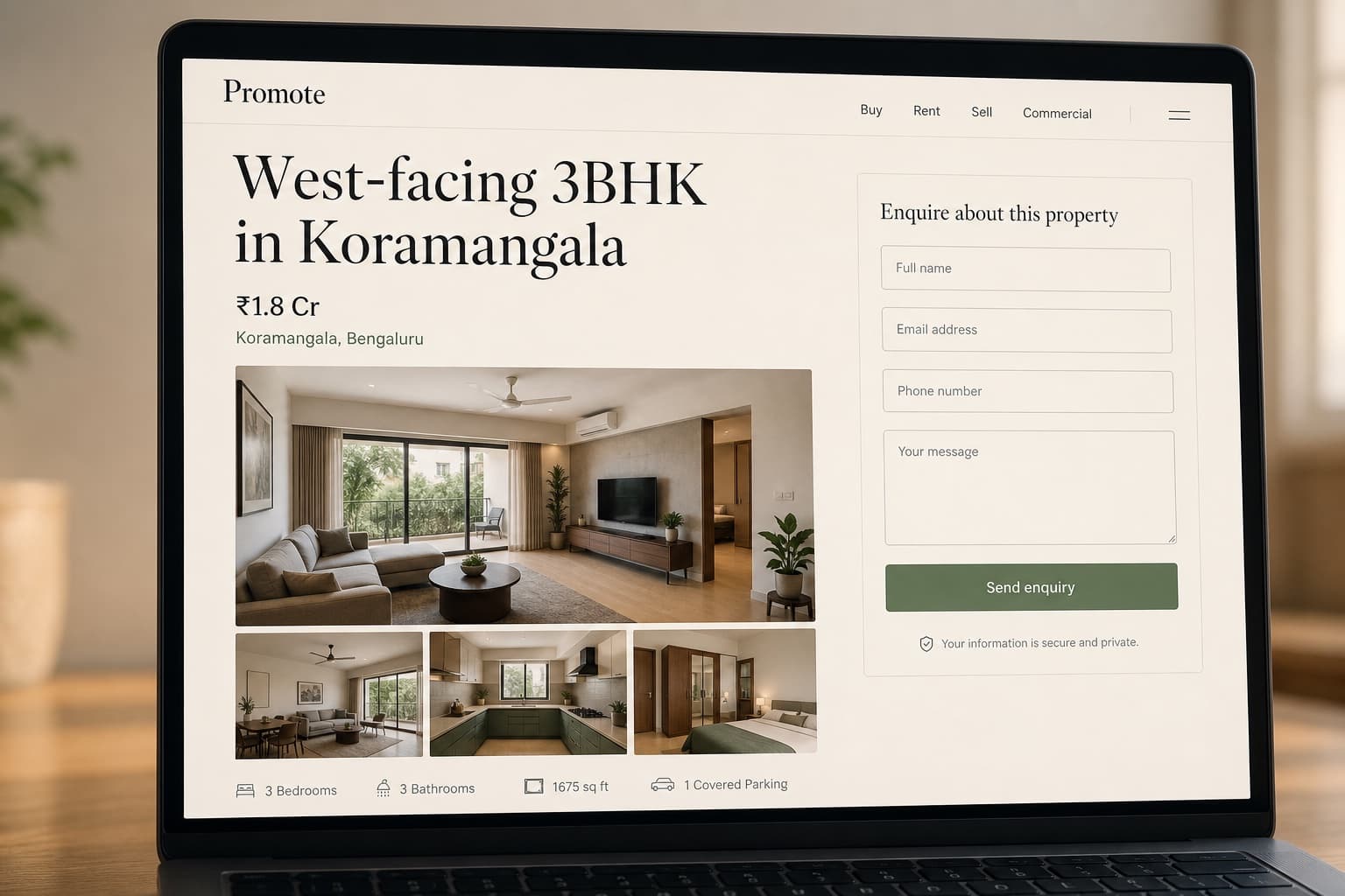 Laptop showing a Promote listing page with headline, price, and apartment photos