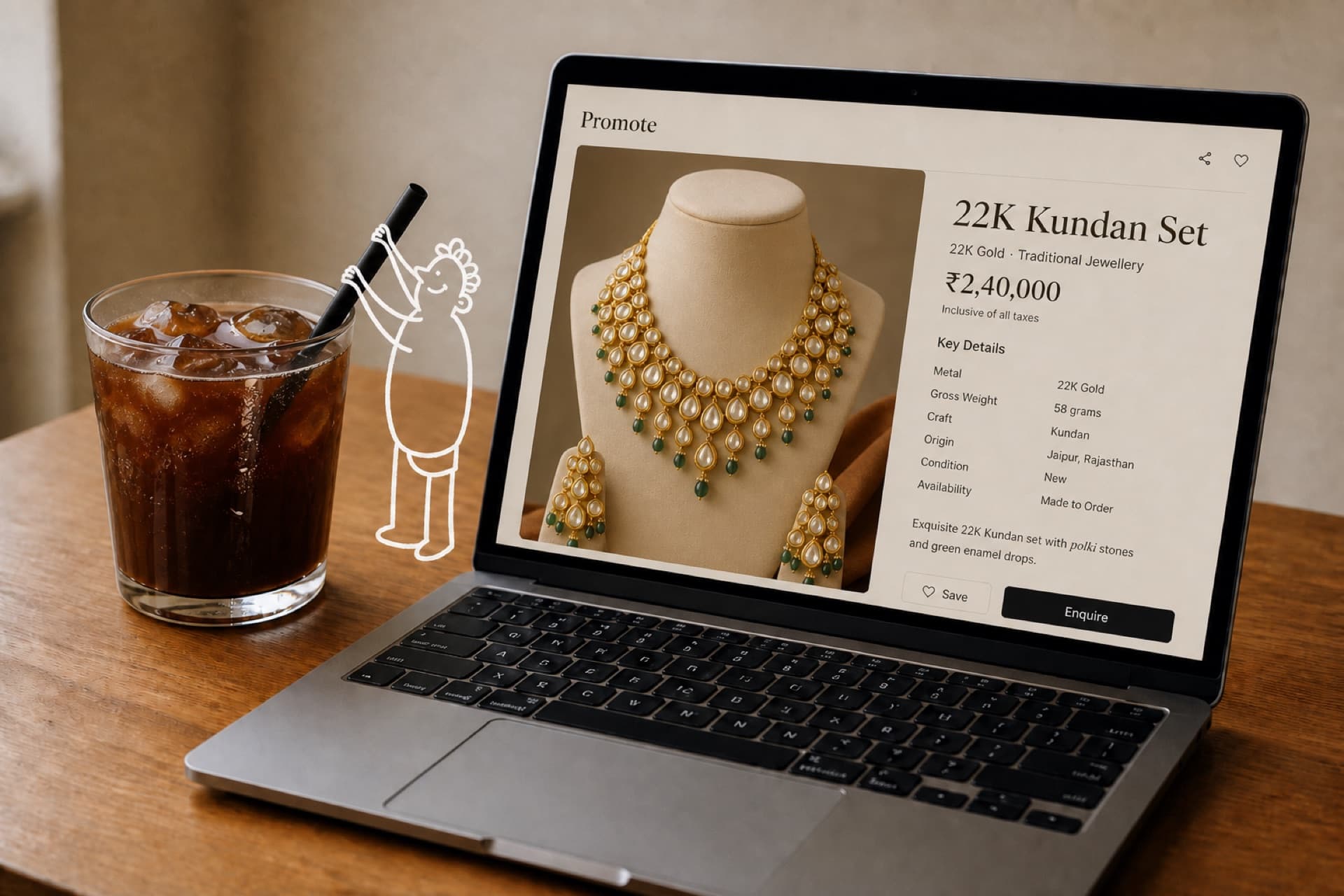 Laptop showing a Promote jewellery listing next to iced coffee, with a line-drawn character climbing the straw