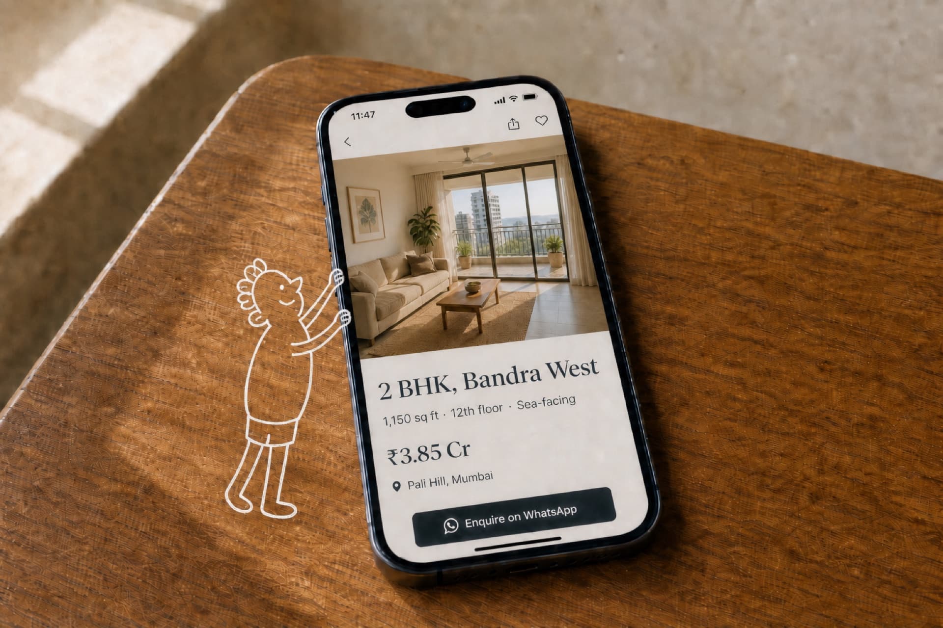 Phone on a wooden table showing a Promote apartment listing, with a line-drawn character climbing the phone