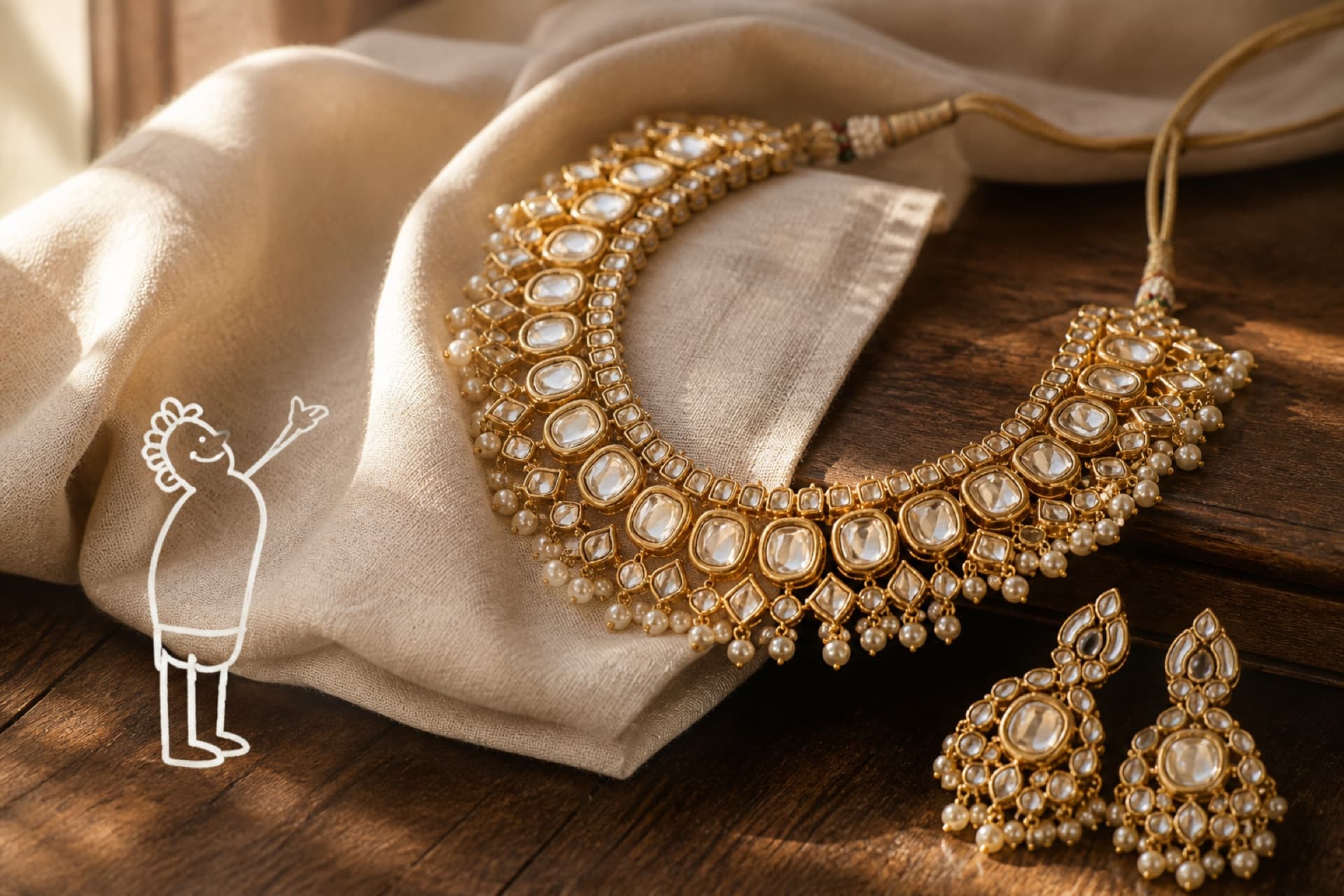 Gold kundan necklace on linen, with a line-drawn character pointing at the jewellery